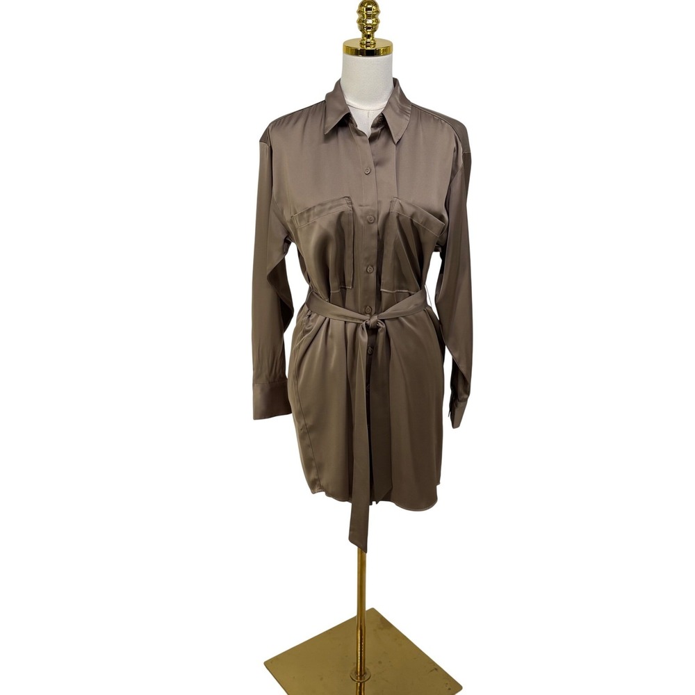Abercrombie & Fitch Women Taupe Brown Satin Button Up Belted Shirt Dress Small
